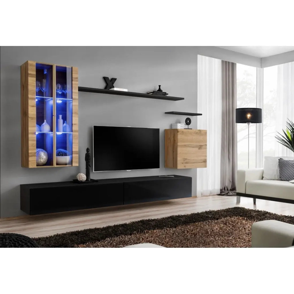 Set di mobili da soggiorno da parete SWITCH XII design, colore nero lucido e rovere Wotan.
