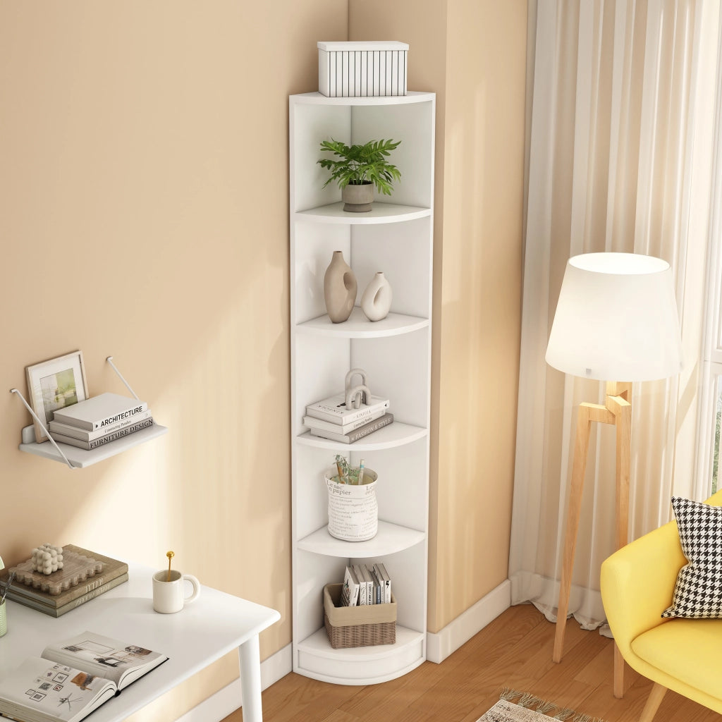 Libreria ad Angolo con 5 Ripiani; Design Triangolare Salvaspazio; Stile Moderno; in MDF; 42×30×180 cm; Bianco