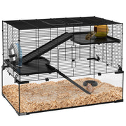 Gabbia per Criceti a 3 Livelli con Base in Vetro Temperato, Ruota e Accessori, 76.5x48.5x54.5 cm, Nero