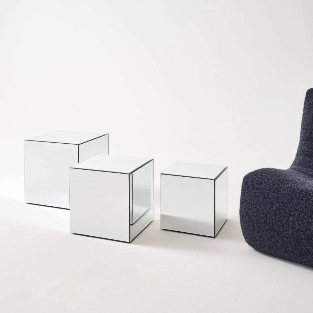 Tavolino, lato del divano, cubo a specchio 35cm, transparent