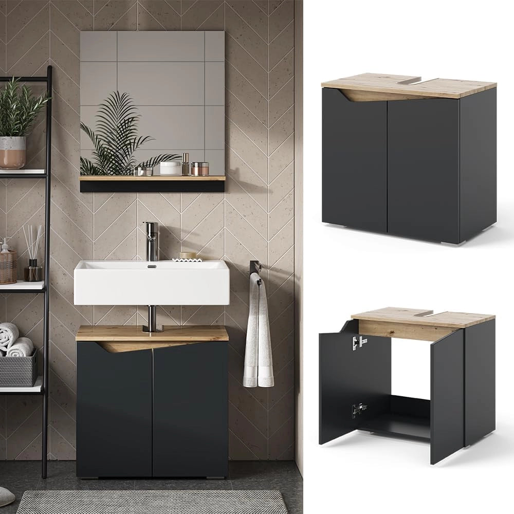 Mobiletto per lavabo Marelle, Antracite/Artisan, 60 x 57.5 cm con 2 porte, con ritaglio per sifone per il montaggio sotto il lavabo