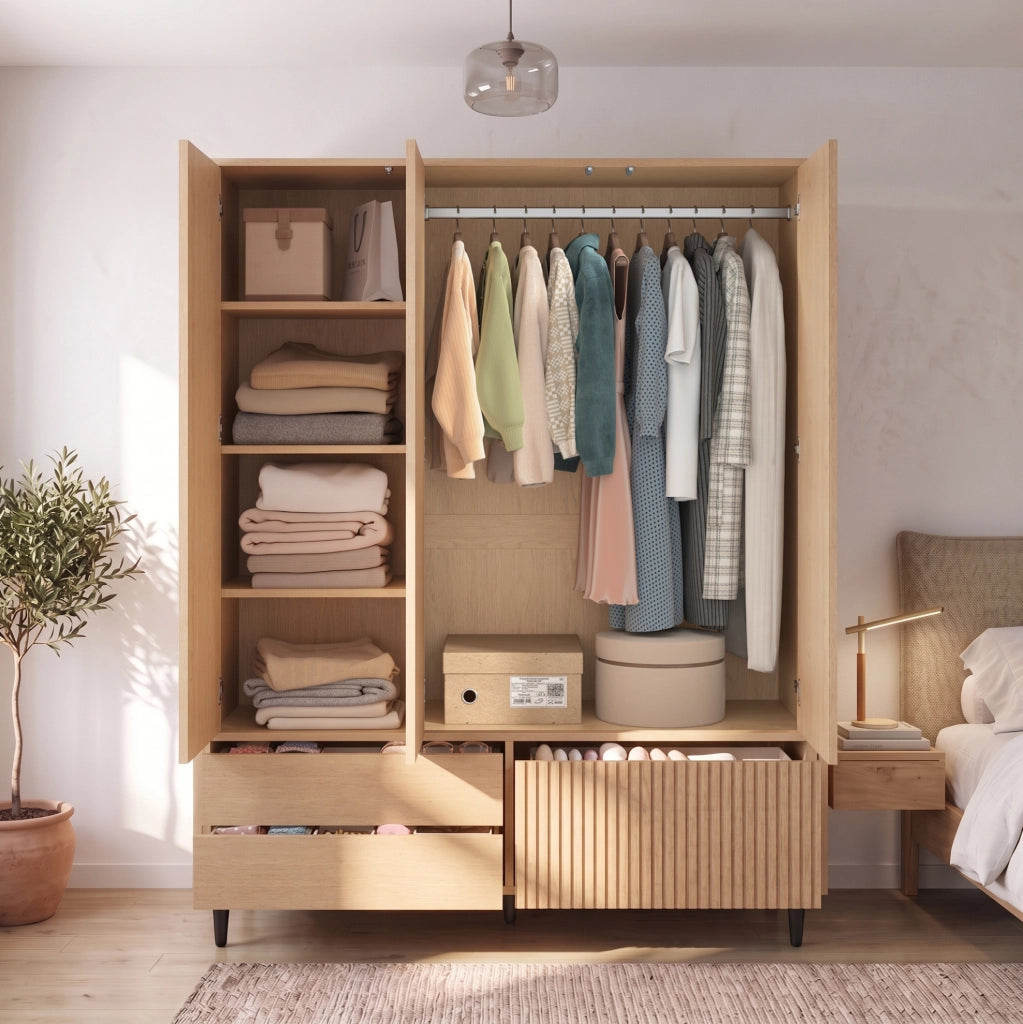 Armadio guardaroba 3 ante con specchio; 135x45x200 cm; 3 cassetti; MDF e acciaio bianco