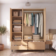 Armadio guardaroba 3 ante con specchio; 135x45x200 cm; 3 cassetti; MDF e acciaio bianco