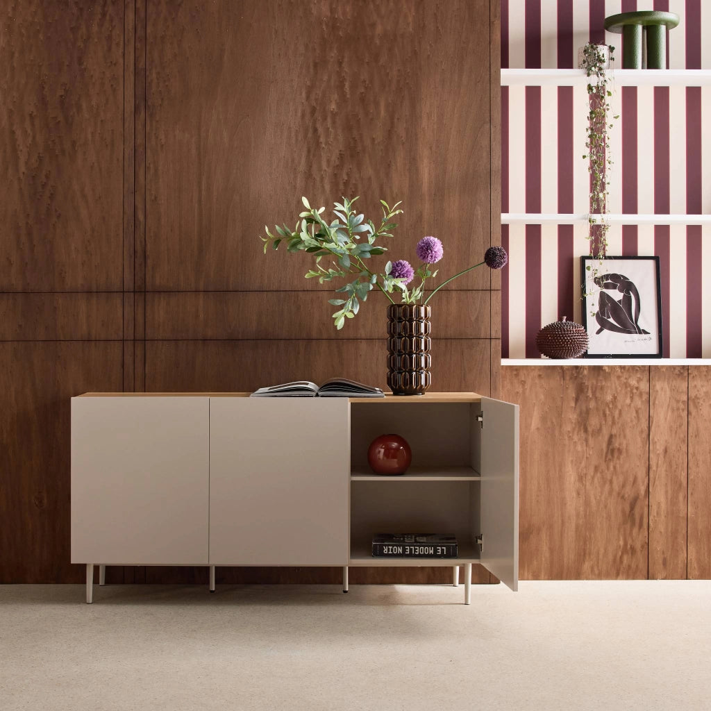 Credenza in metallo e decorazione in legno 3 ante, 150cm, beige