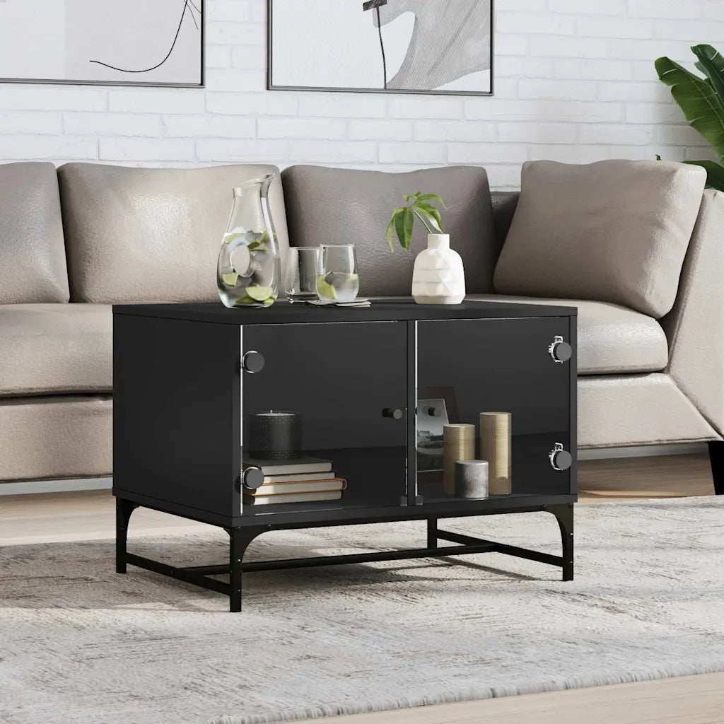 Tavolino da salotto | Tavolino da caff¨¨ | Tavolino da Soggiorno con Ante in Vetro Nero 68,5x50x50 cm