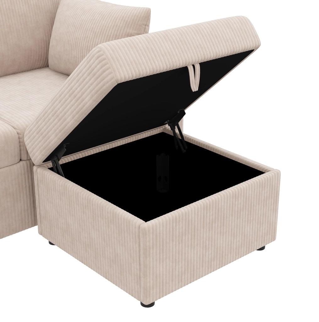 Sofa modulare a U/L 190x130x85 cm in corduroy beige con LED; USB e contenitore