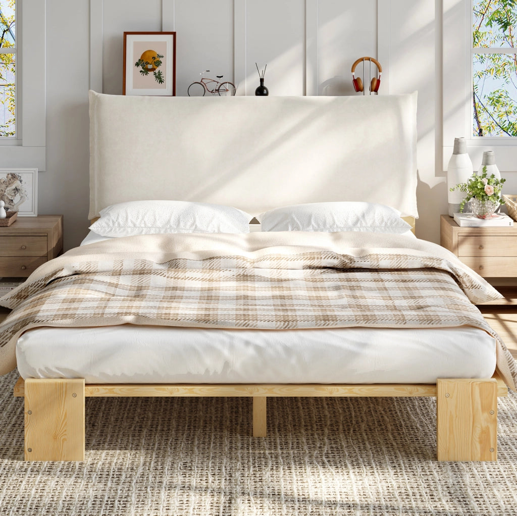 Letto singolo imbottito 140x200 cm con schienale imbottito e doghe stabili; legno e tessuto; naturale