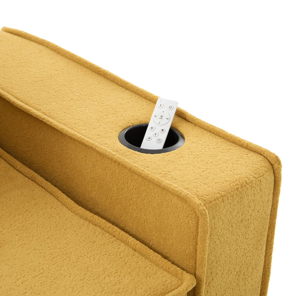 Pouf divano modulare in Chenille senape con 2 cuscini, tasche laterali e struttura bassa