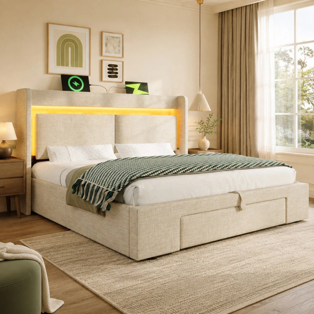 LETTO imbottito 160x200 cm Beige in lino con contenitore idraulico e LED