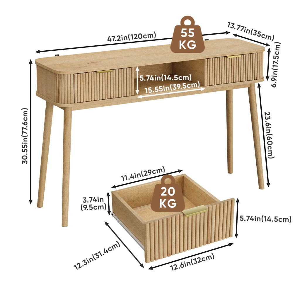 Consolle con 2 cassetti e ripiano aperto in MDF rovere