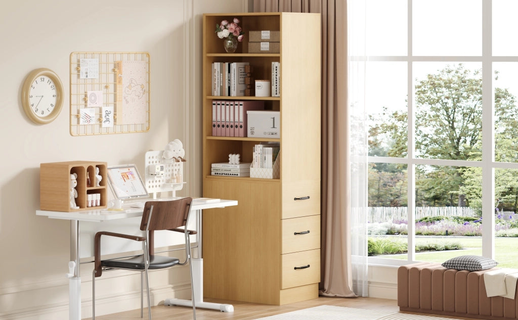 Libreria alta con 3 cassetti e 2 ripiani regolabili, per piccoli spazi, in truciolare, rovere, 60 × 38 × 180 cm