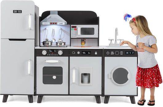 Cucina Giocattolo per Bambini, Cucina per Bambini con Frigorifero, Macchina del Ghiaccio, Lavatrice, Forno, Microonde, Lavello e Rubinetto, Con Luci e Suoni, per Bambini 3+ Anni (Marrone)