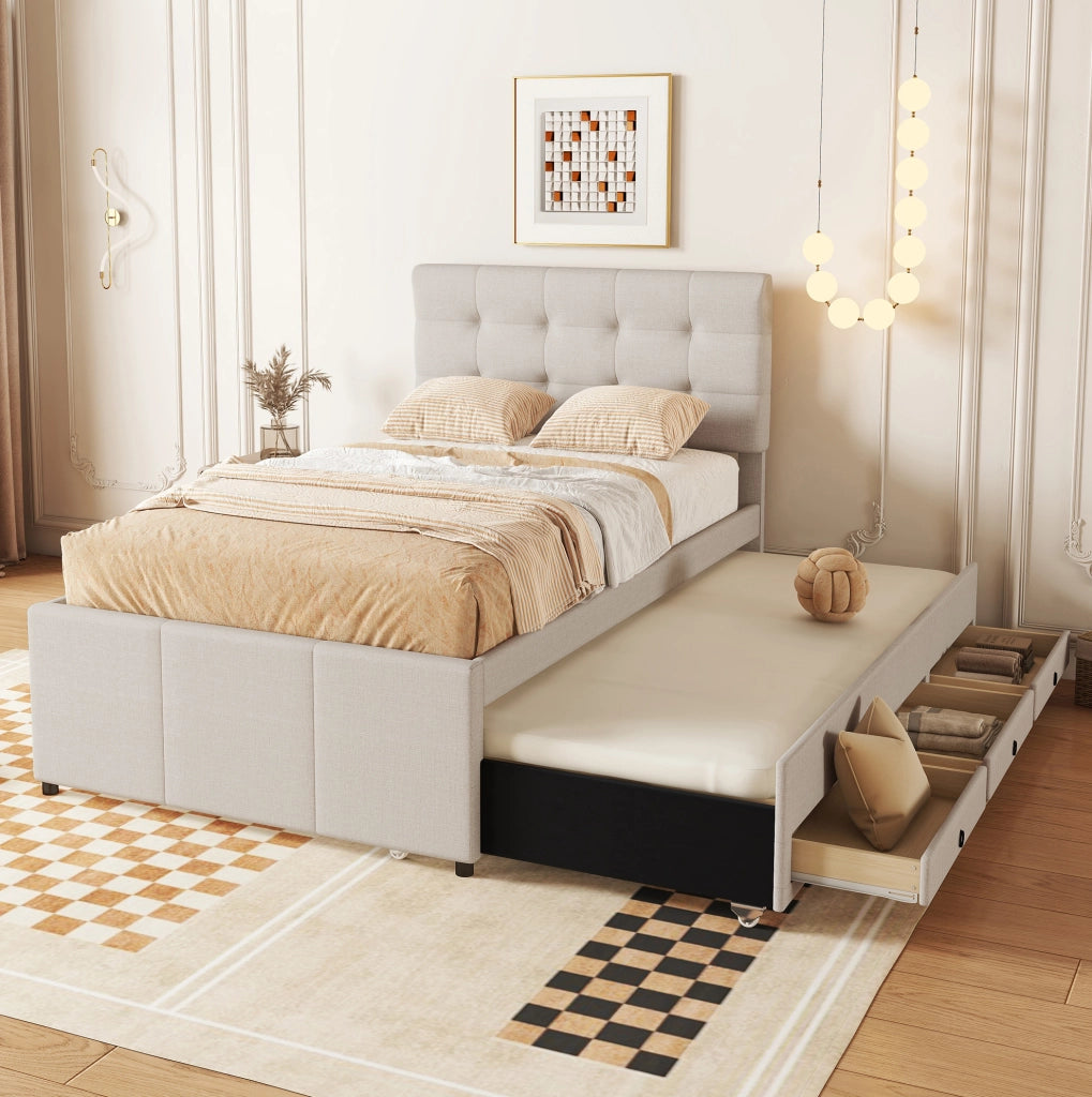 Letto singolo 90x200 cm; estraibile; 3 cassetti; testiera regolabile; lino; beige (Senza materasso)