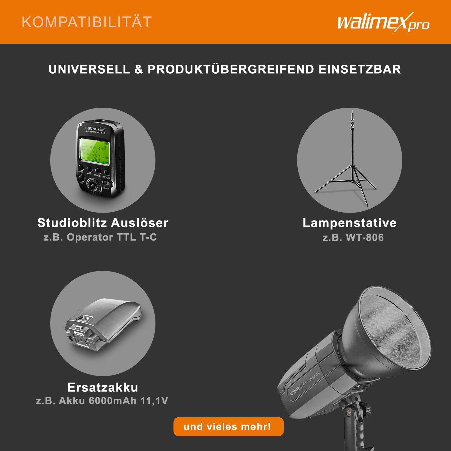 Flash fotografico a batteria Mover 400 TTL, 400 W 1/10000 s, con attacco sagomatori luce, per studio fotografico