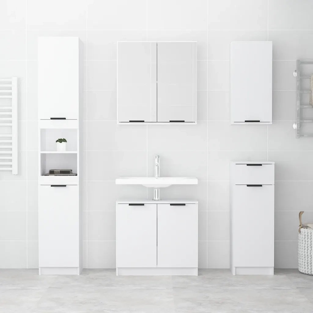 Set di Mobili da Bagno | Armadio da bagno 5 pz Bianco in Legno Multistrato