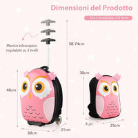 2 Pezzi Valigia per Bambini con Maniglia Retrattile + Zaino Bagaglio a Mano, con ruote girevoli a 360 ° (gufo 3)