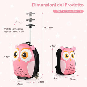 2 Pezzi Valigia per Bambini con Maniglia Retrattile + Zaino Bagaglio a Mano, con ruote girevoli a 360 ° (gufo 3)