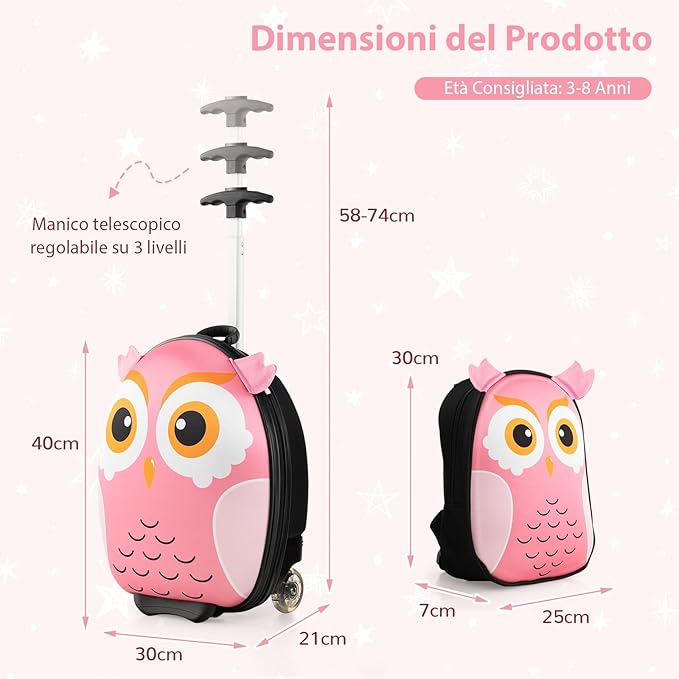 2 Pezzi Valigia per Bambini con Maniglia Retrattile + Zaino Bagaglio a Mano, con ruote girevoli a 360 ° (gufo 3)