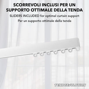 Binario Scorritenda Lineare in Alluminio Bianco da Soffitto, Movimento a Strappo - Bastone per Tenda Retto e Robusto, Lunghezza 200cm