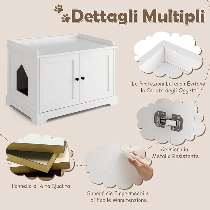 Mobile per Lettiera per Gatti, Casetta per Gatti con Tiragraffi, Divisorio Regolabile, Ante e Ingresso Laterale, Mobiletto Versatile e Moderno per Salotto, 75 x 51 x 53 cm, Bianco