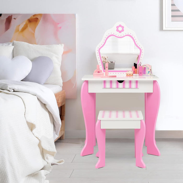 Toeletta Trucco per Bambina, Specchiera per Ragazzi in Legno, Postazione Trucco Robusto 2 in 1 con Cassetto, Sgabello e Specchio Staccabile, 49 x 34 x 86 cm, Bianco e Rosa