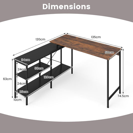 Scrivania per computer a forma di L, reversibile, con 2 ripiani e struttura in metallo, 135 x 120 x 74,5 cm, scrivania angolare per ufficio, camera da letto