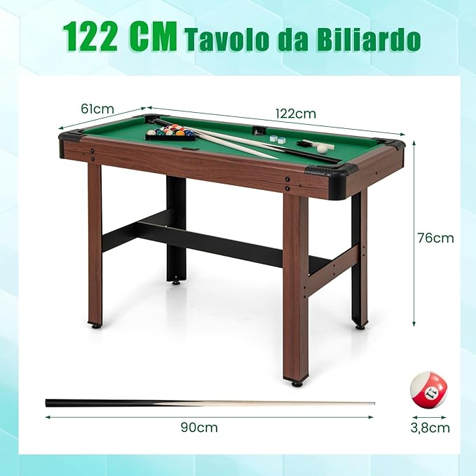 Tavolo da Biliardo, Tavolo da Gioco Biliardo in Legno con Set di Palline 2 Steccette 2 Gessi Triangolo Spazzola, Mini Tavolo da Biliardo per Sala Giochi bar Palestra, 122x61x76 cm