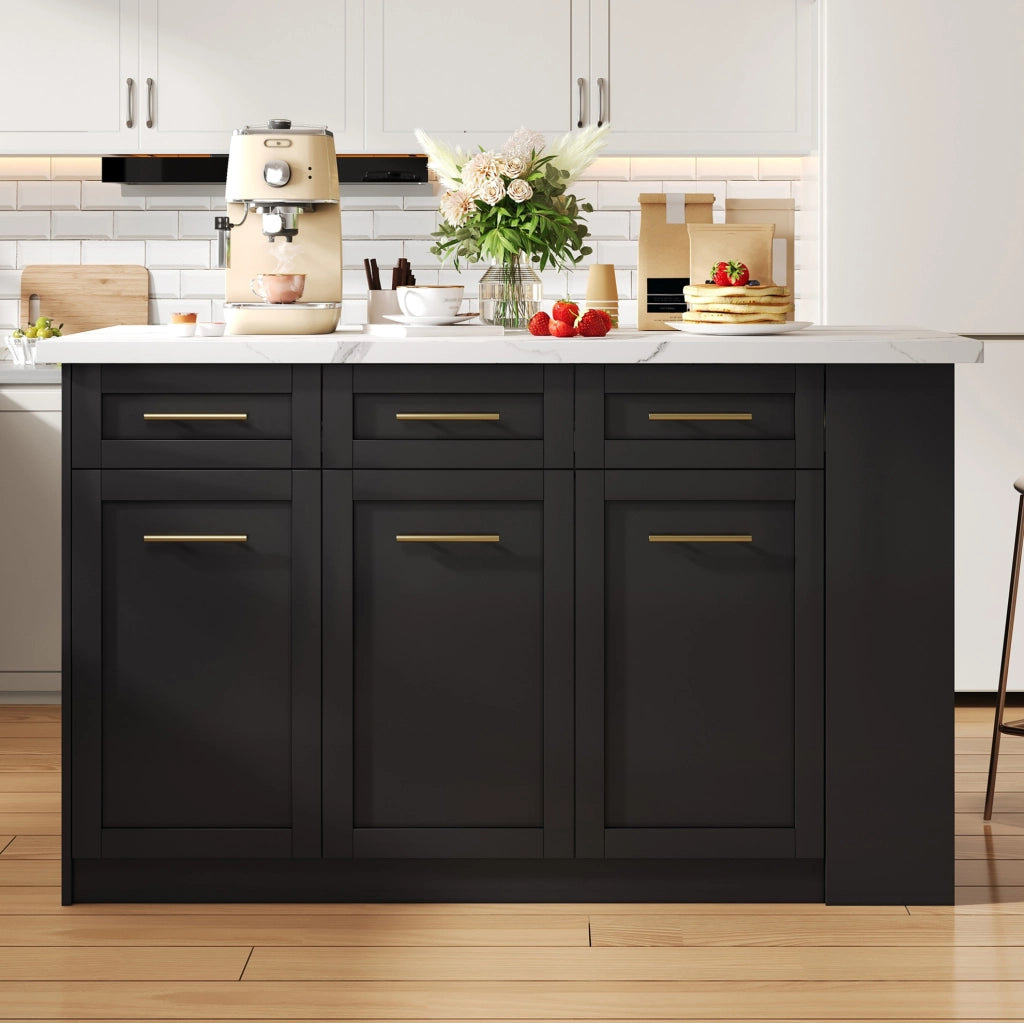 Isola da cucina con tavolo estraibile 150x90x90 cm in MDF nero e bianco marmo