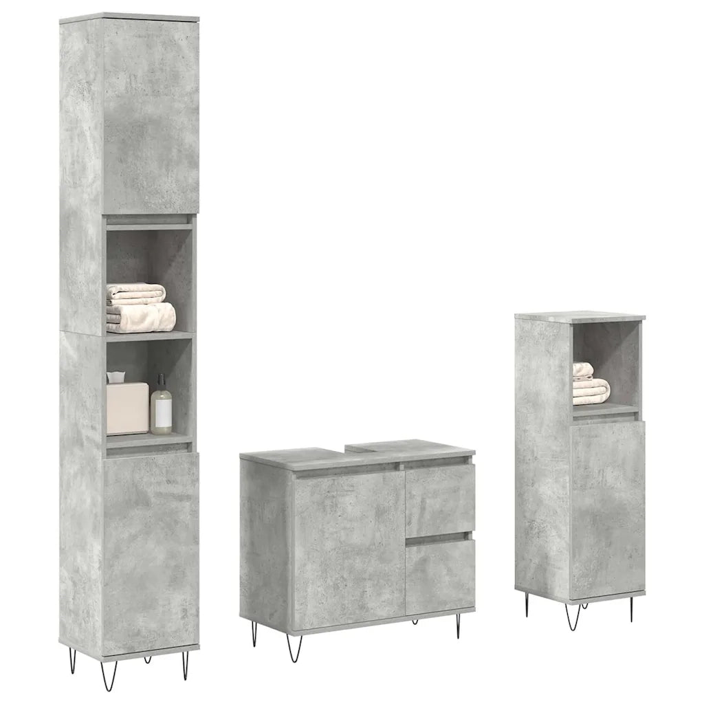 Set Mobili da Bagno | Armadio da bagno 3 pz Grigio Cemento in Legno Multistrato