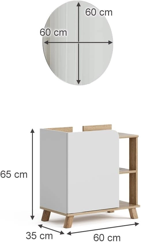 Set di mobili da bagno Karen, Sonoma/Bianco, 60 cm, composto da specchio da bagno e mobile sottolavabo