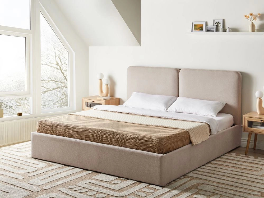 Letto ottomano color beige in tessuto 180 x 200 cm Testiera imbottita Rete a doghe sollevabile