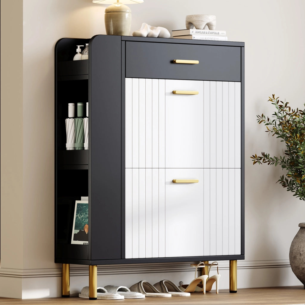 Scarpiera stretta con 2 ante ribaltabili 1 cassetto e 3 vani aperti in MDF e truciolare bianco nero 80 × 24 × 105 cm