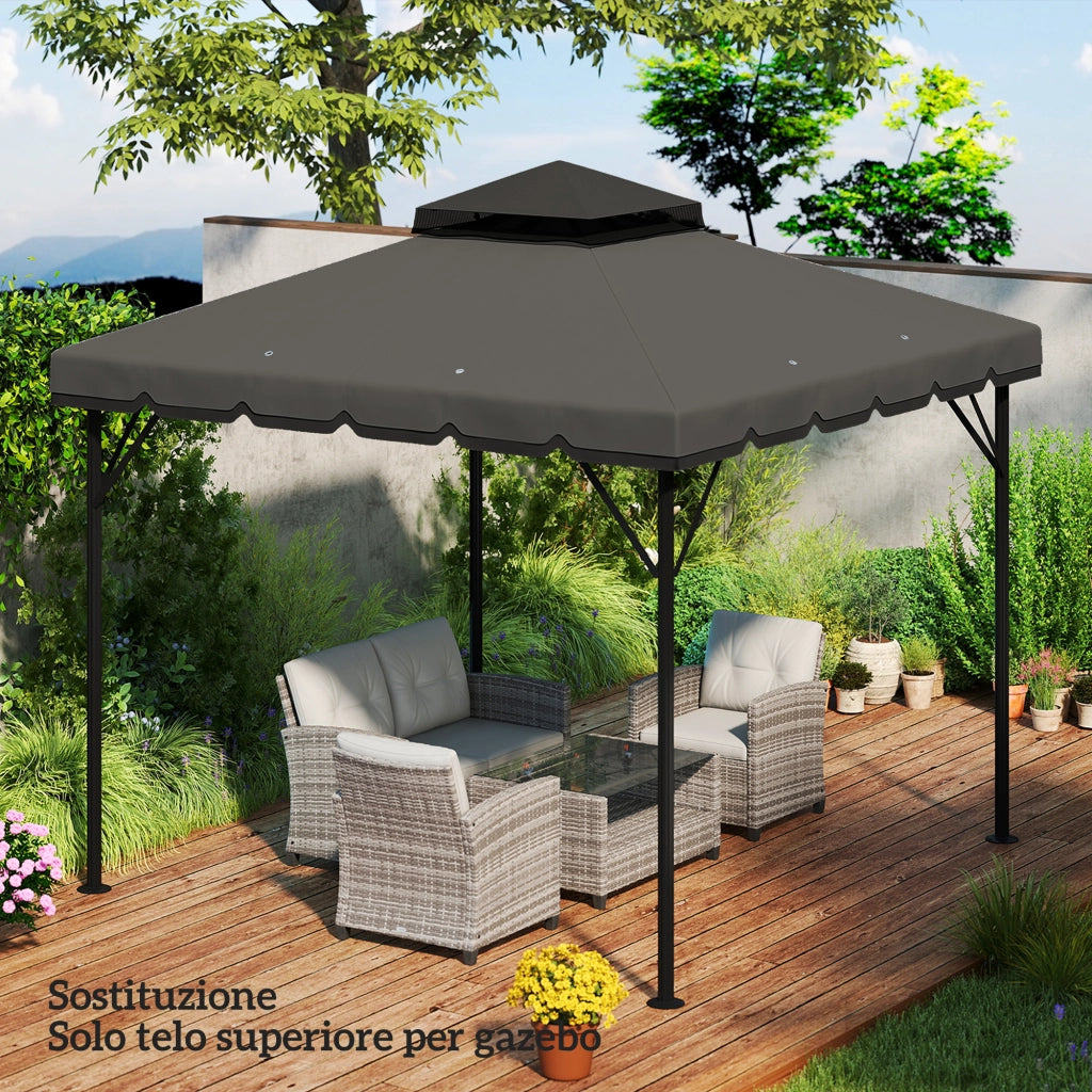 Telo di Ricambio Copertura per Gazebo 3x3 m a 2 Livelli con 8 Fori di Drenaggio in Poliestere Grigio Chiaro e Scuro