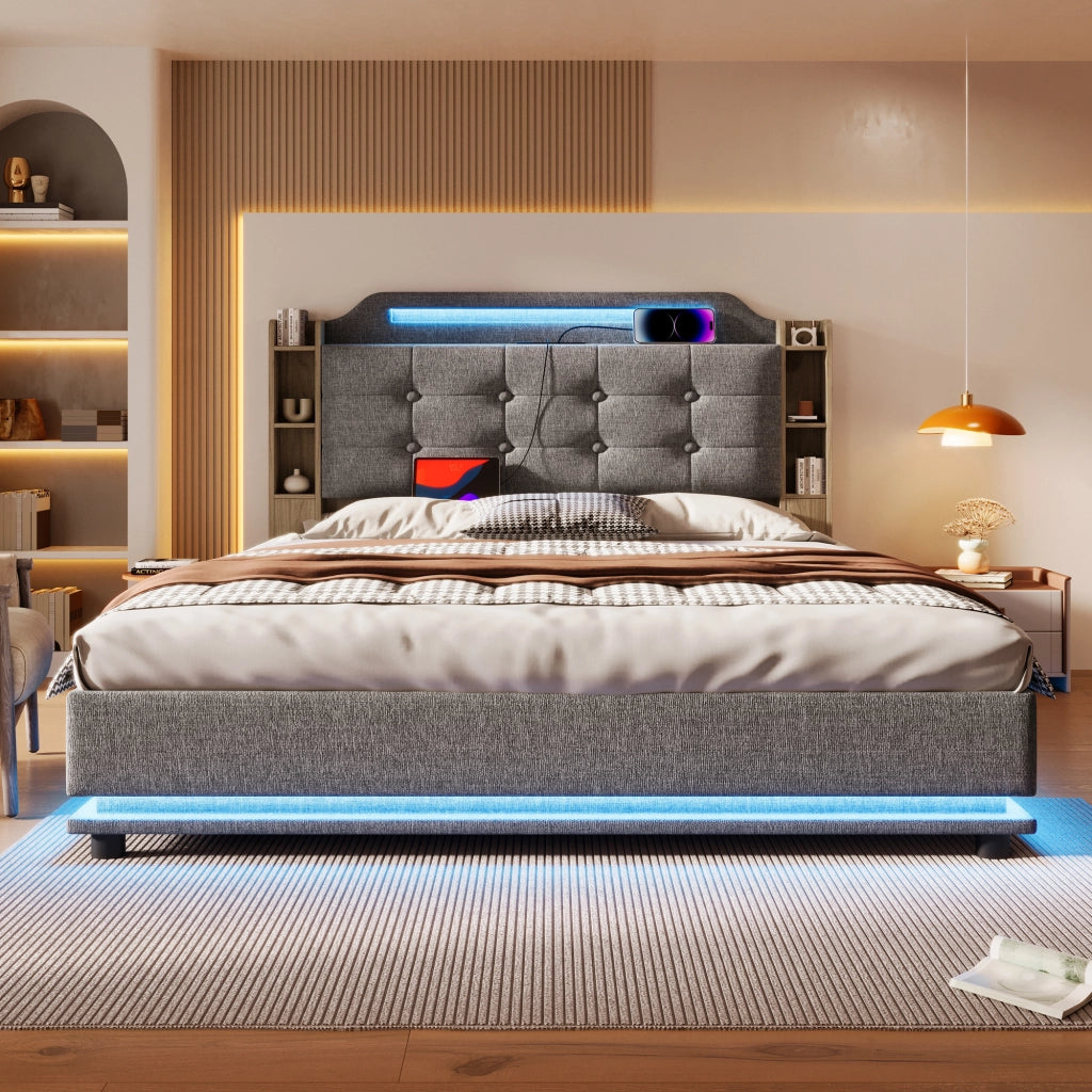 Letto Contenitore 140 x 200 cm; 2 Posti; USB; Type-C e LED; in Lino; Grigio