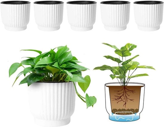Pianta in plastica autoirrigante, contenitore per piante a lungo termine, vaso per fiori decorativo Macaron - Set di 6, grande, bianco