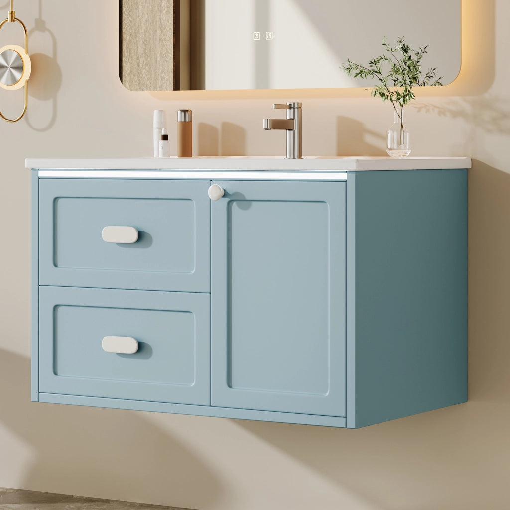 Mobile sottolavabo con lavabo in ceramica, LED a sensore radar, 2 cassetti e vano, per bagno, blu, 76 × 46 × 51 cm