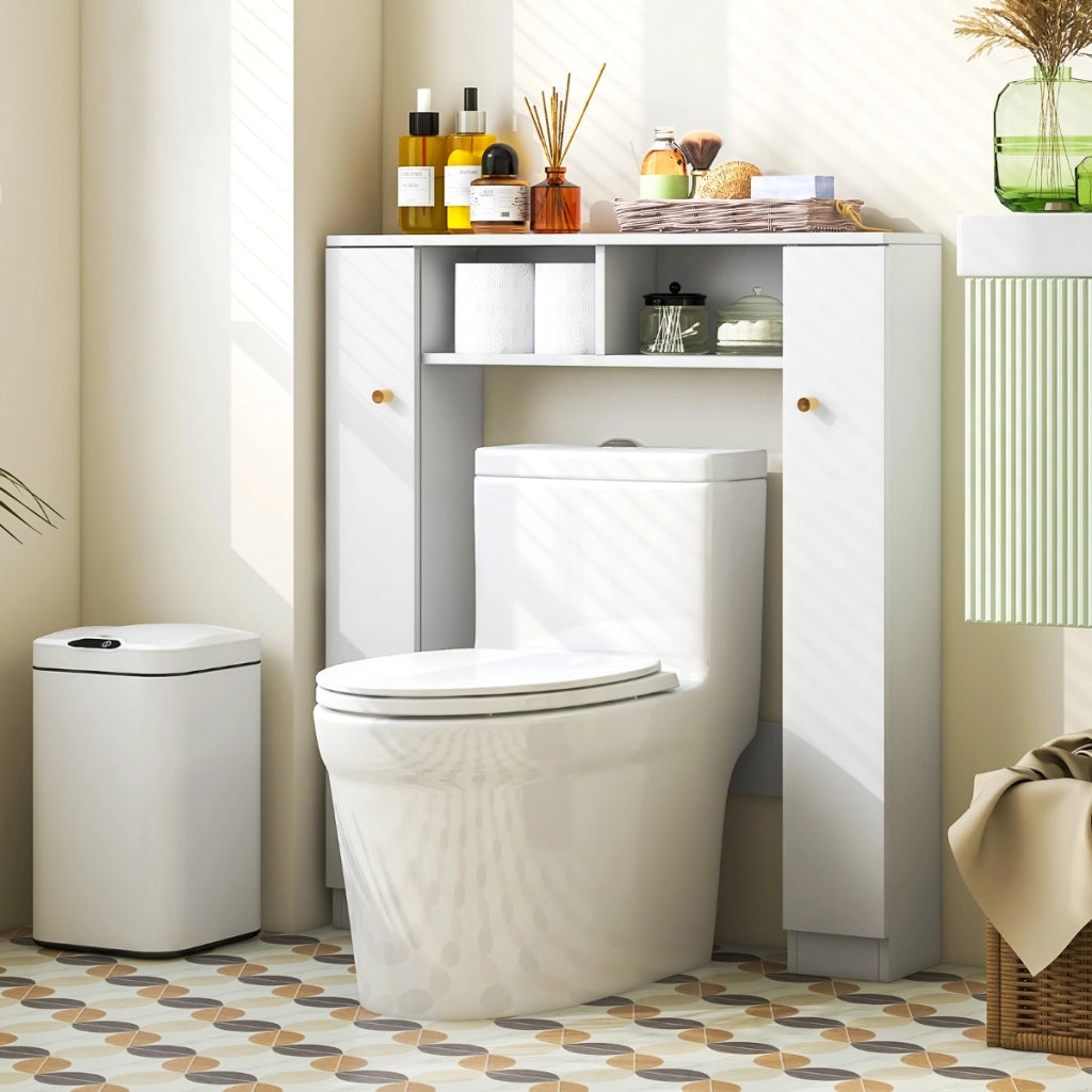 Scaffale sopra WC con doppia anta 2 scomparti aperti e 4 ripiani regolabili, Mobile a ponte per bagno Bianco