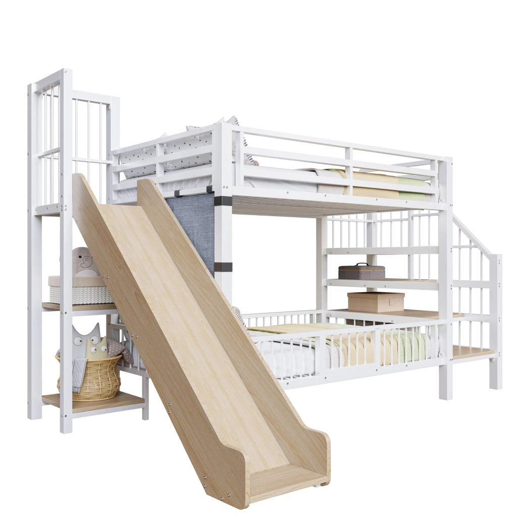 DESMIU Letto a castello per bambini 90 × 200 cm con scivolo, scala con contenitore e materasso no