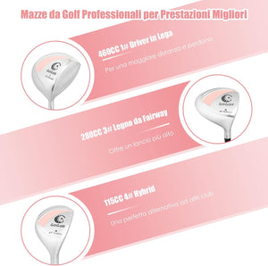Set di Mazze da Golf per Donne, Include Driver in Lega di Alluminio, Legno da Fairway 3, Ibrido 4, Ferri 6, 7, 8 e 9, Putter, Sacca da Golf con Cinghie, Rosa, 24 x 24 x 115,5 cm