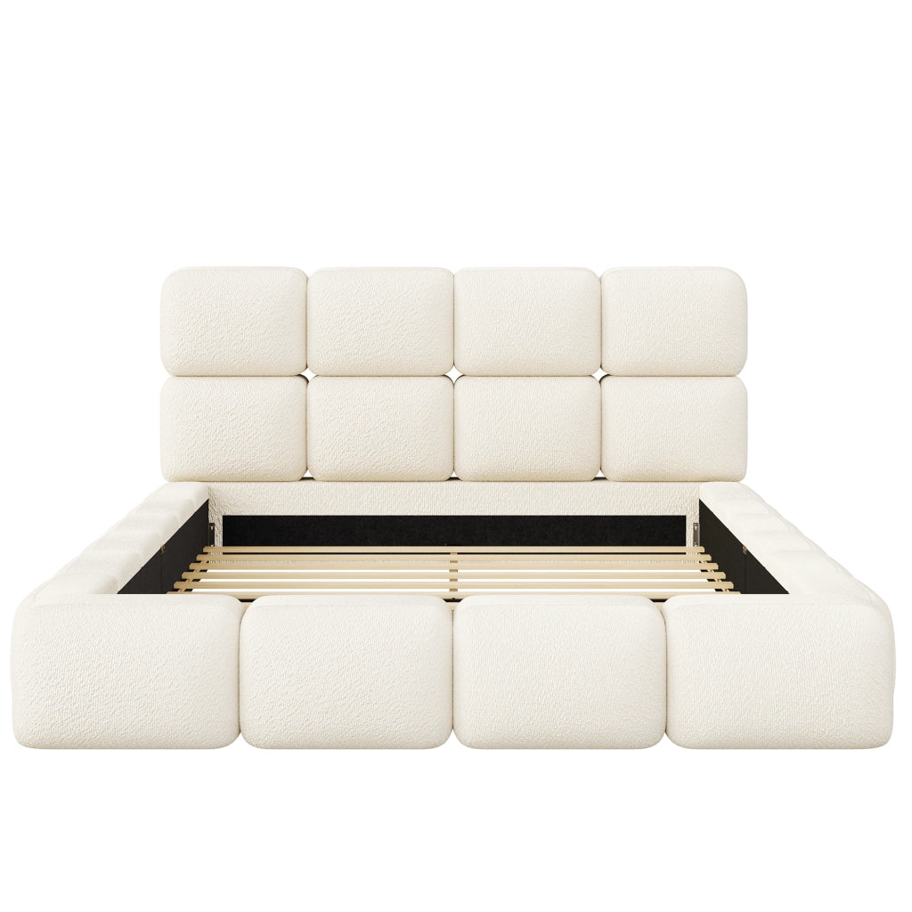 Letto matrimoniale 160 × 200 cm con rete inclusa, testiera imbottita, senza materasso, bouclé bianco