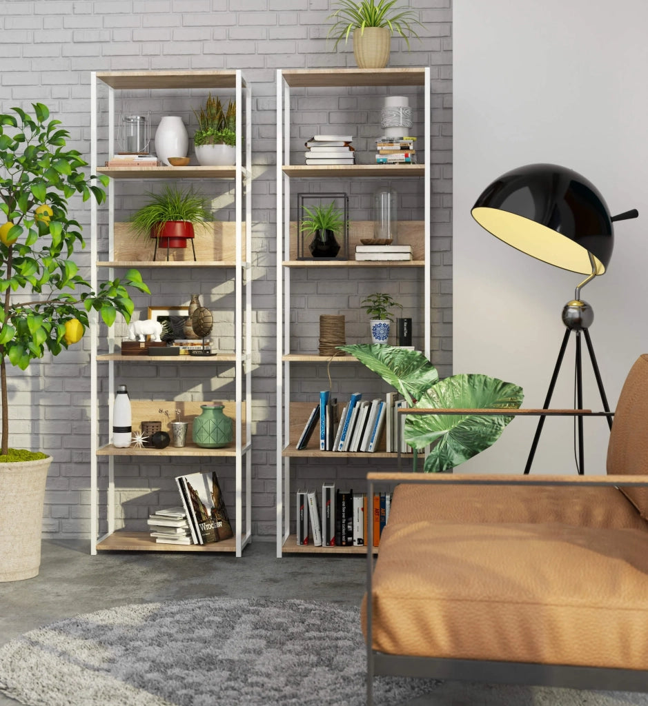 Scaffale stilo loft con ripiani in legno 60 cm Bianca 60 cm inserto frontale Sonoma Quercia 60x32x192 cm