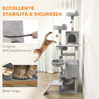 Albero Tiragraffi per Gatti 48x48x192 cm con Amache e Casette in Sisal e Peluche Grigio e Crema