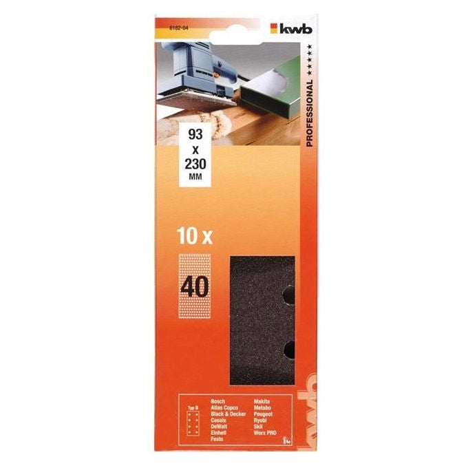 KWB 818204 Carta Abrasiva Grana 40 93x230 mm Ossido di Alluminio per Legno e Metallo 10 pz colore Marrone