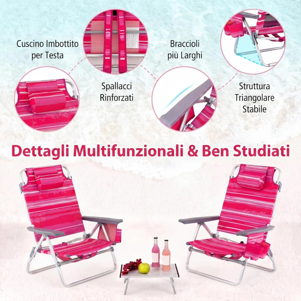 Set di 2 Sedie e Tavolino da Spiaggia Pieghevole, Schienale Regolabile a 5 Livelli, con Portatesta, Borsa Portaoggetti, Borsa Termica, per Campeggio Picnic Esterno (Rosa Scuro, Modello 2)