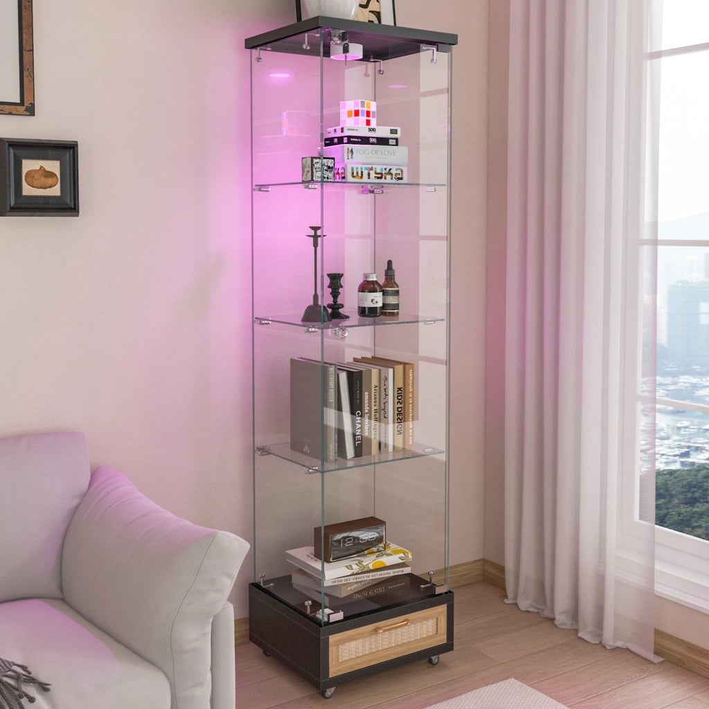 Libreria Vetrina con Cassetti e LED ¨C MINIMAL ¨C Nero, Vetro Temperato, 1 Anta, 167x42.5x36.5 cm