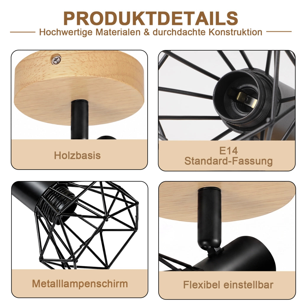 ZMH Faretto da soffitto 1 Luce Nero Legno E14 Vintage Industriale Orientabile 350¡ã per Cucina Camera Senza Lampadina