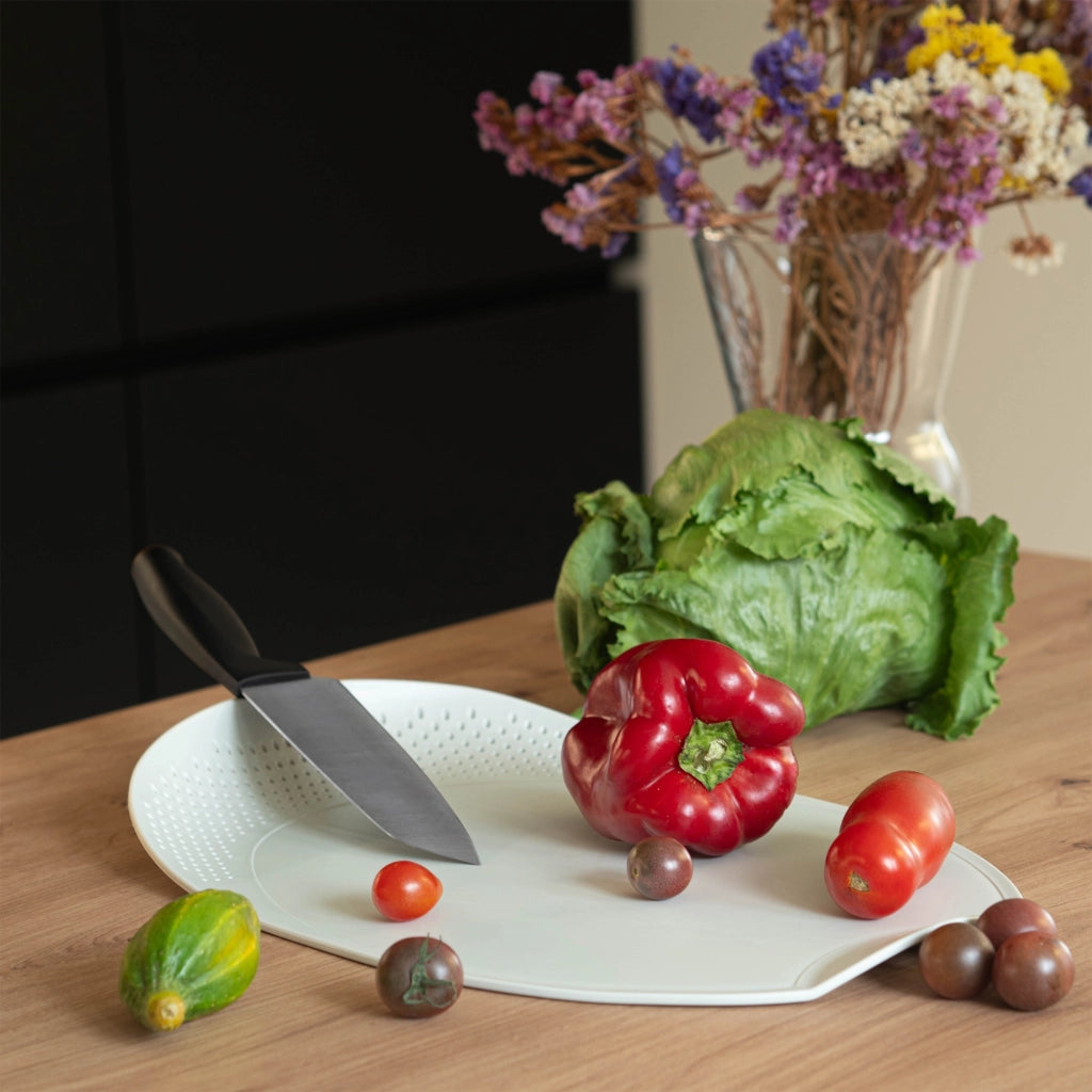 Tagliere da cucina in plastica KADAX con scolapiatti e manico, bianco, 38x25 cm