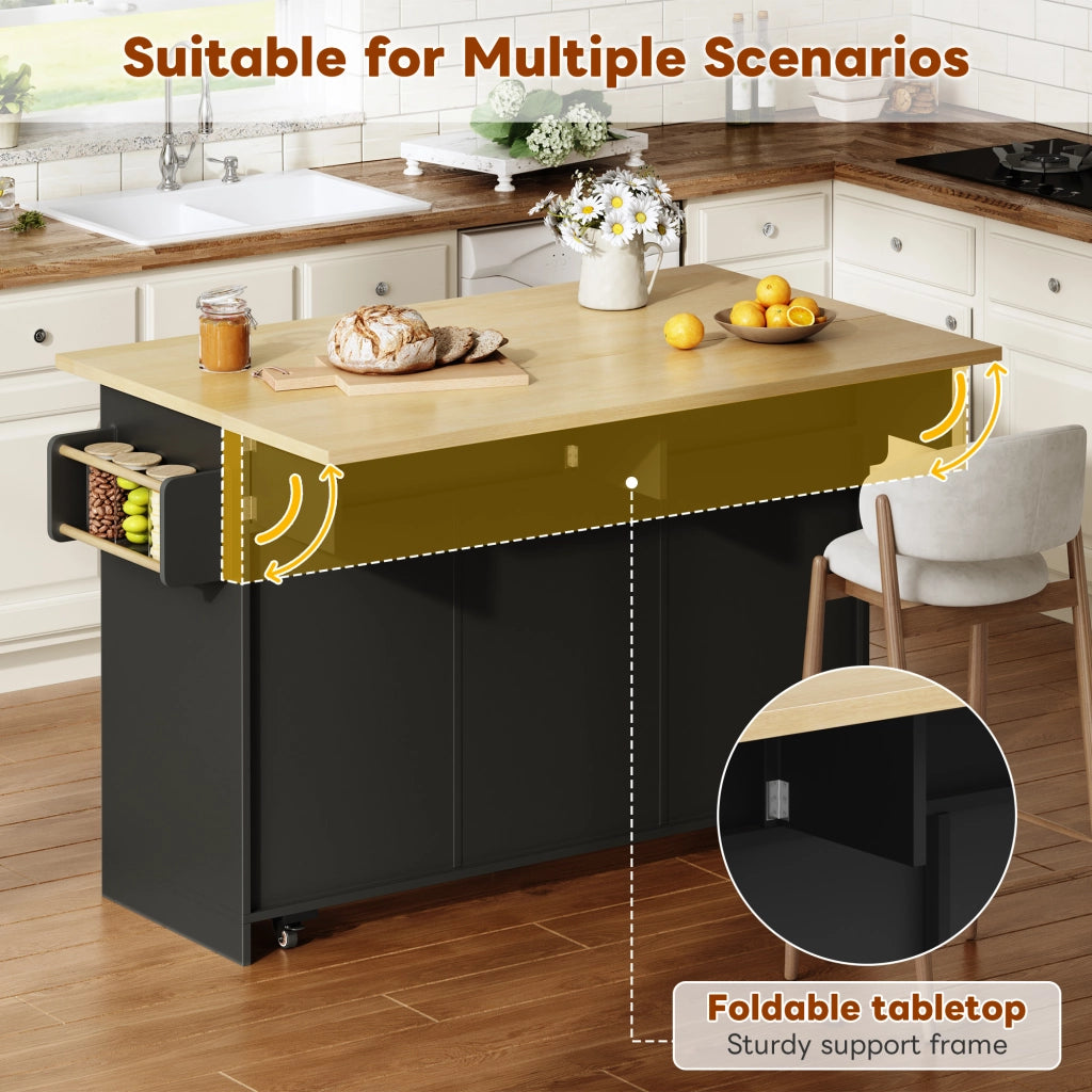 Carrello da cucina con piano ribaltabile 2 cassetti verticali vani laterali e ruote bloccabili per cucina in MDF nero