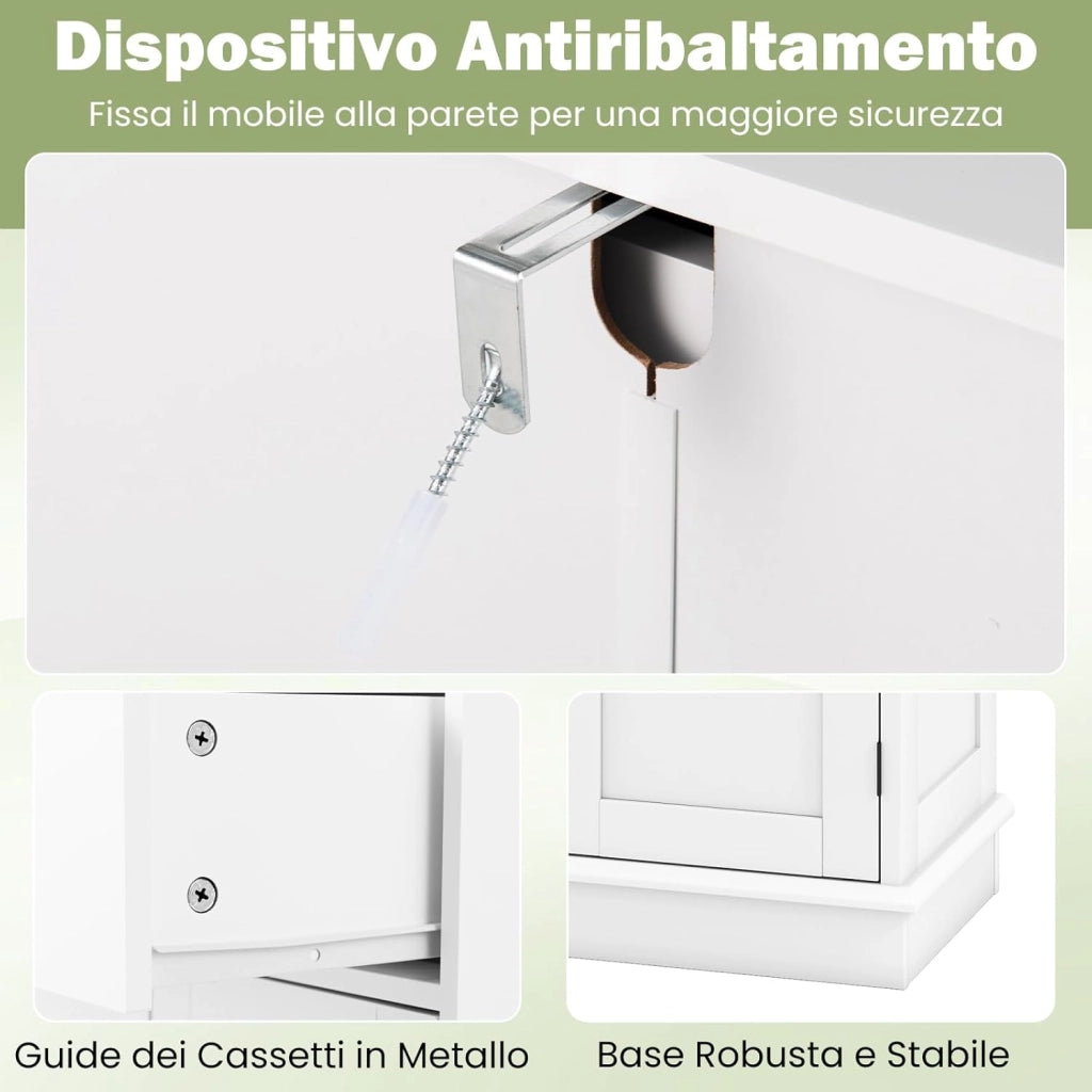 Armadietto da Terra 56 x 30 x 80 cm, Mobile da Bagno con Ante, Cassetto e Ripiano Regolabile, Mobiletto Salvaspazio per Soggiorno, Cucina e Sala da Pranzo (Bianco)