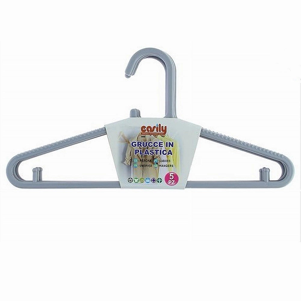 Trade Shop - Set 5pz Grucce Stampelle Appendiabito In Plastica Grigia Pantaloni Giacche 87689 -
